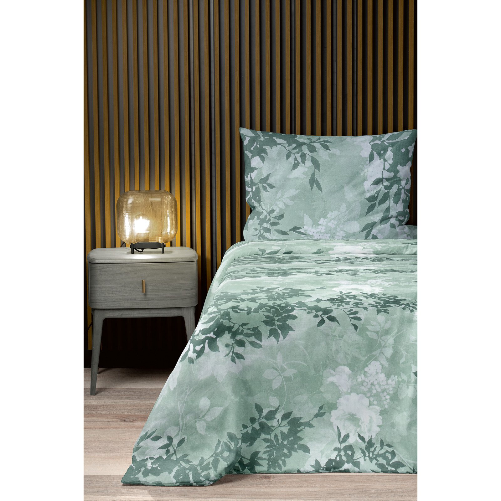 Bettwäsche Satin Zweige grün 160x210 65x100 Bettanzug Nord