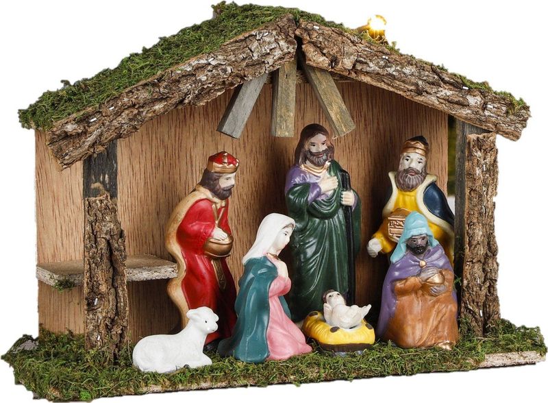 Complete houten kerststal inclusief beelden en ondergrond - Kerststalletjes