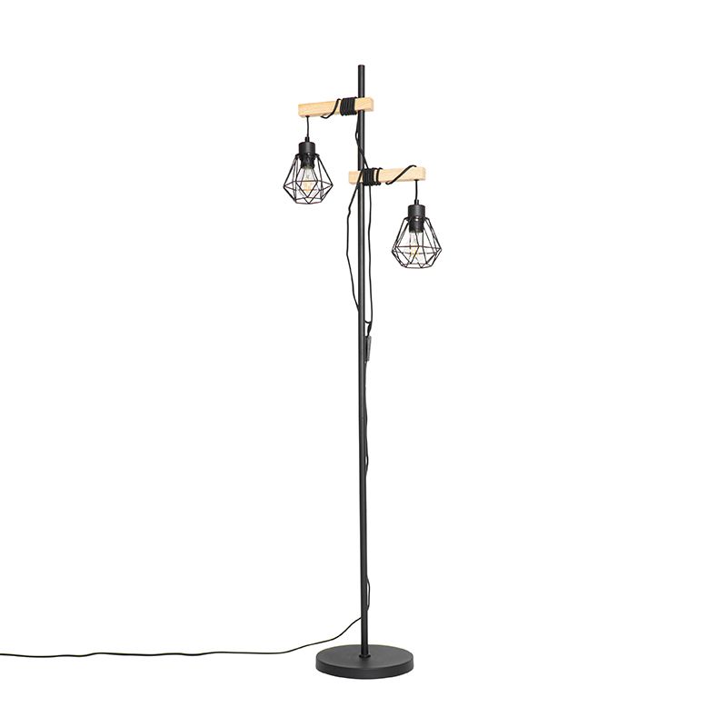 Landelijke vloerlamp zwart met hout 2-lichts - Chon
