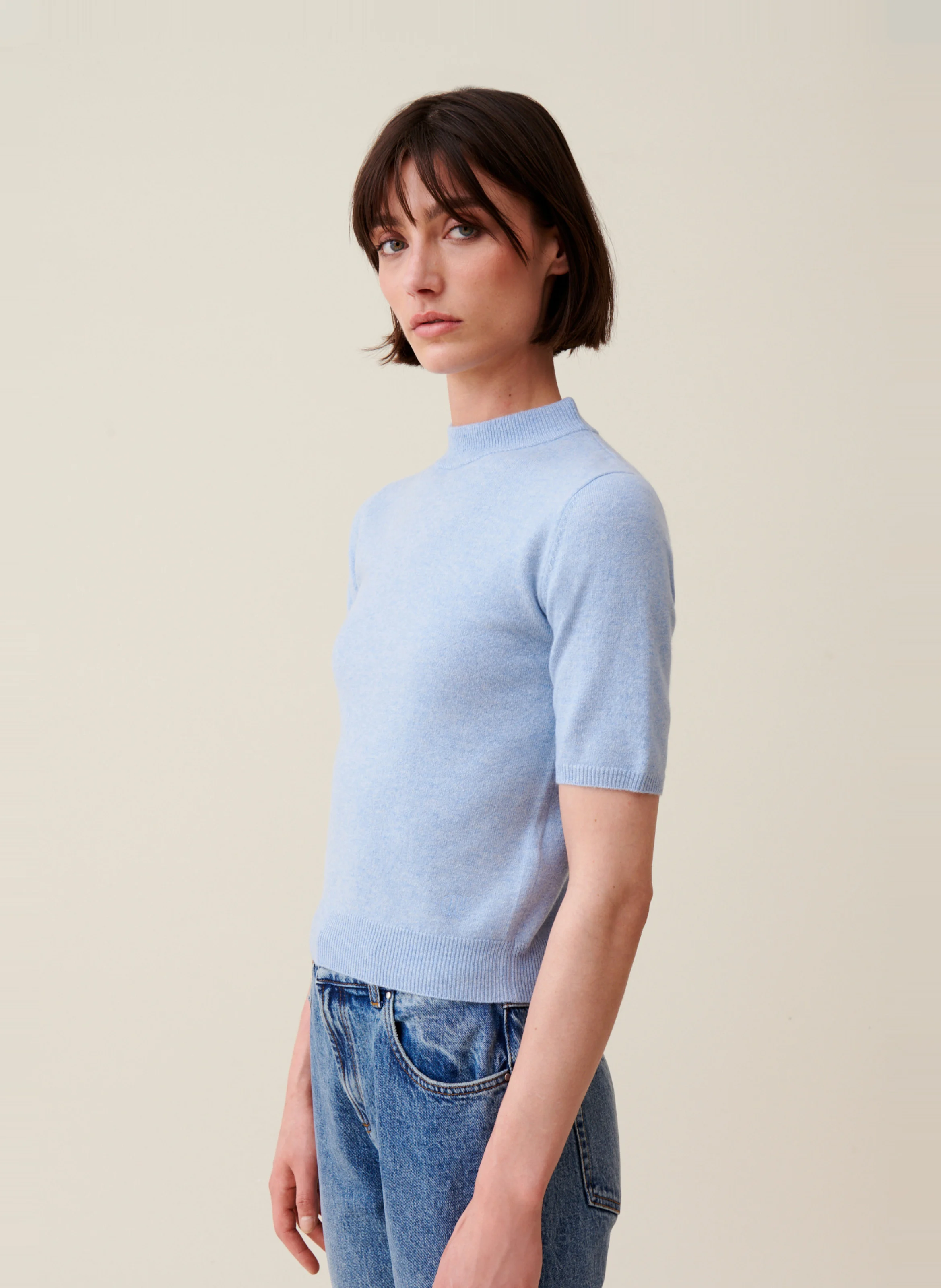 Pull manches courtes en laine | Bleu