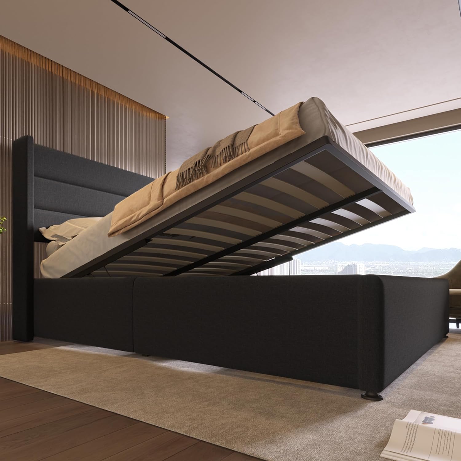 Kayan Stauraumbett Polsterbett Hydraulisch Doppelbett 180x200cm, Lattenrost aus Holz, Bett mit Lattenrost aus Metallrahmen, Leinen (Grau, 180x200cm) MP0219371
