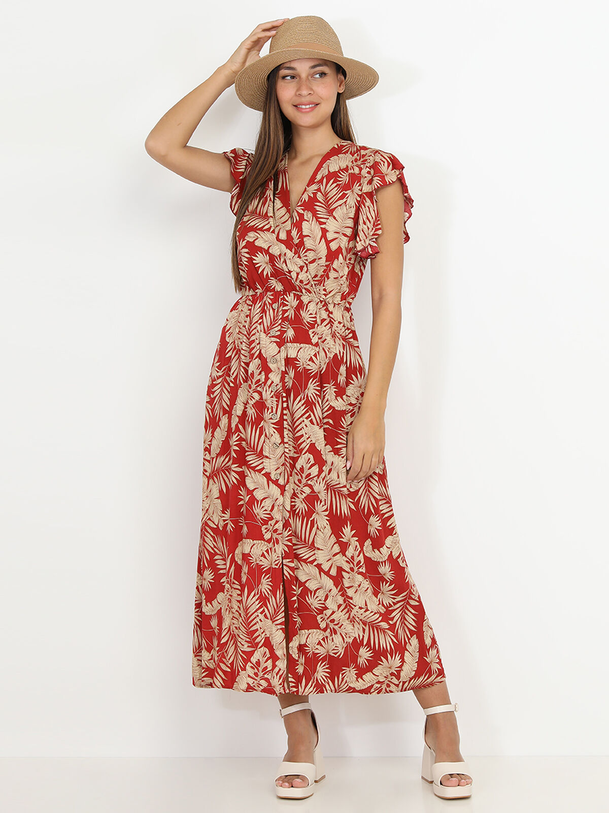 Robe longue à imprimé feuilles dorées- Rouge