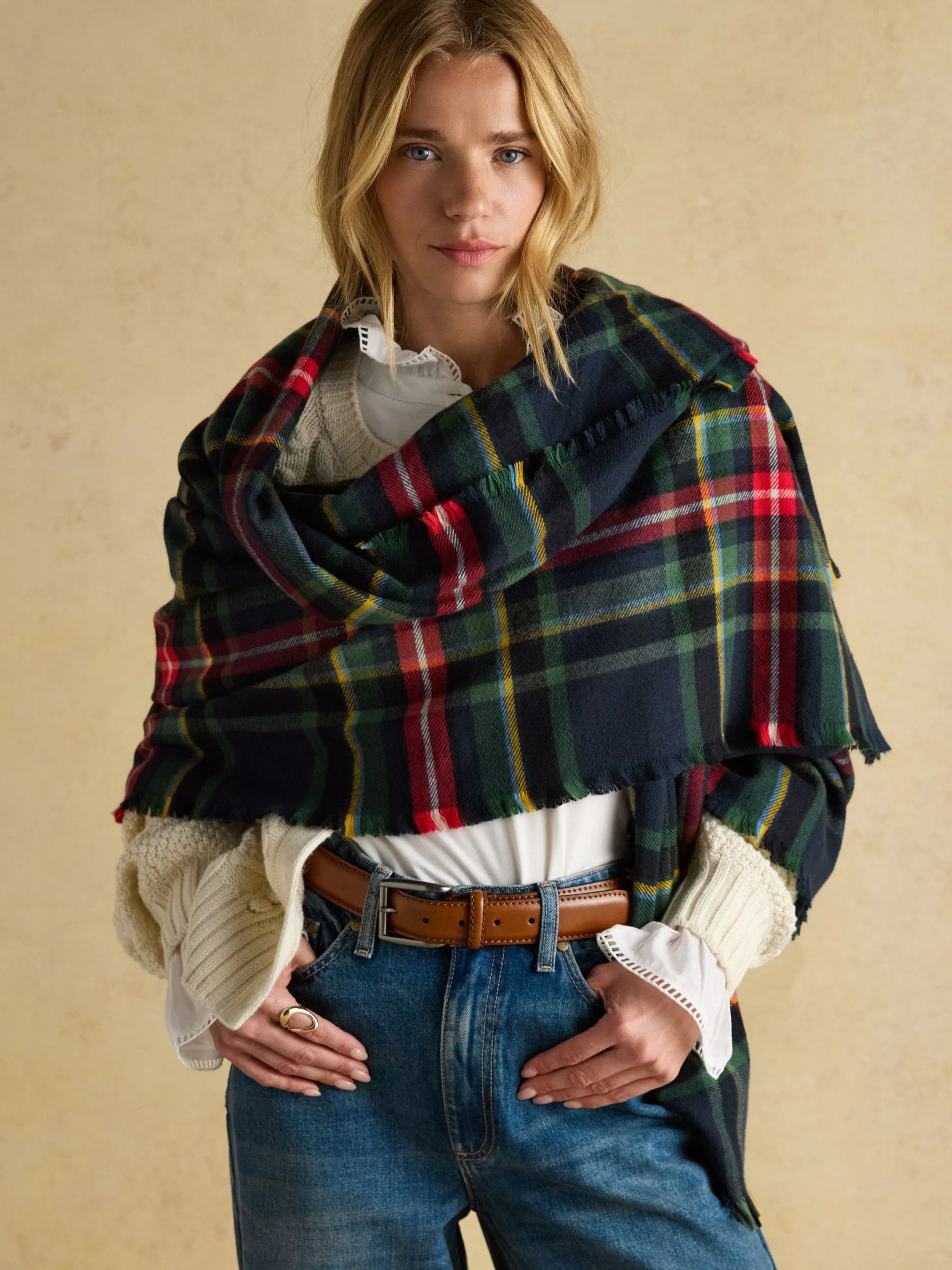 Red & Navy Tartan Check - Joules Bracewell Large Scarf