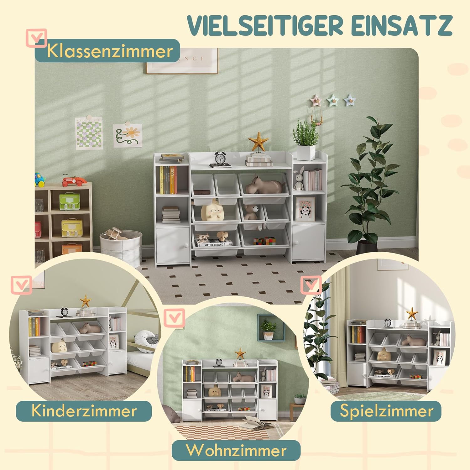 AIYAPLAY Kinderregal, Spielzeugregal Bücherregal mit 8 herausnehmbaren Aufbewahrungsboxen, 4 offenen Fächern, 2 Schrankfächer, für Kinderzimmer, Spielzimmer, Wohnzimmer, 140 x 30 x 90 cm, Weiß
