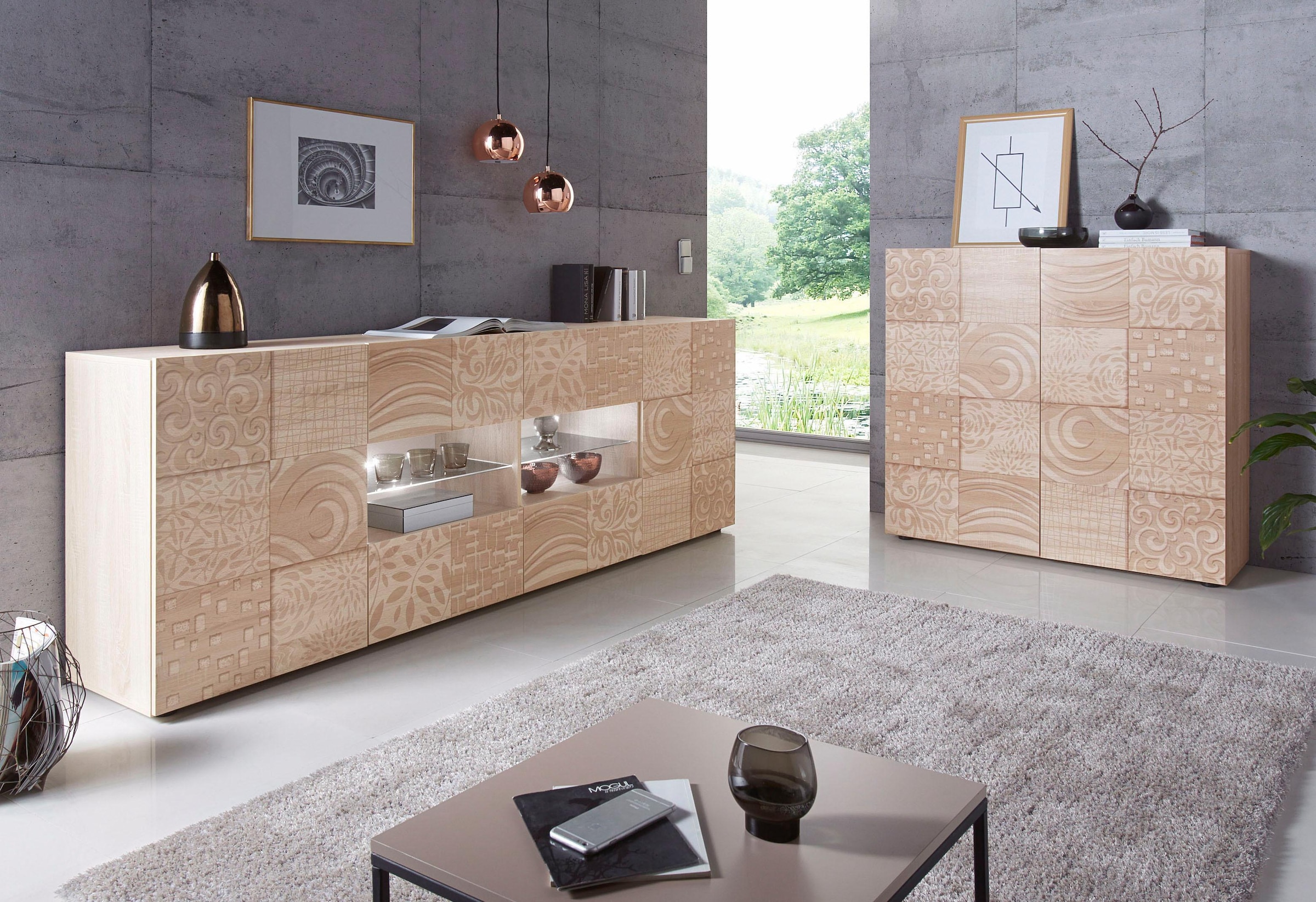 INOSIGN Highboard »Miro« Breite 121 cm mit dekorativem Siebdruck