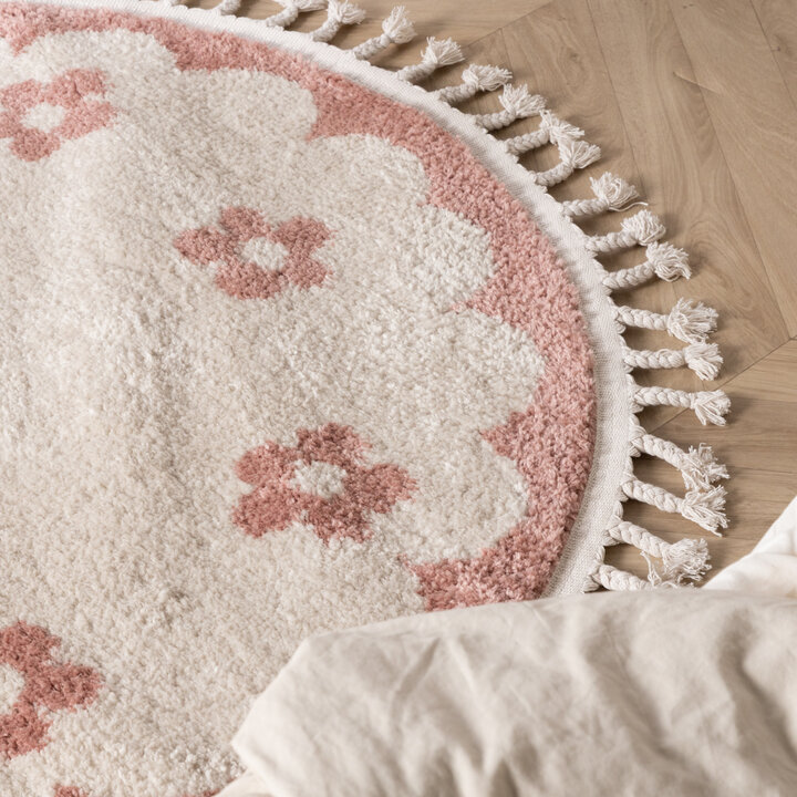 Rond wasbaar kindervloerkleed - Moos Flower Roze
