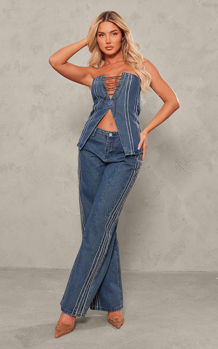 Bleu Indigo Top Corset À Lacer Avec Détails Rayures Brutes