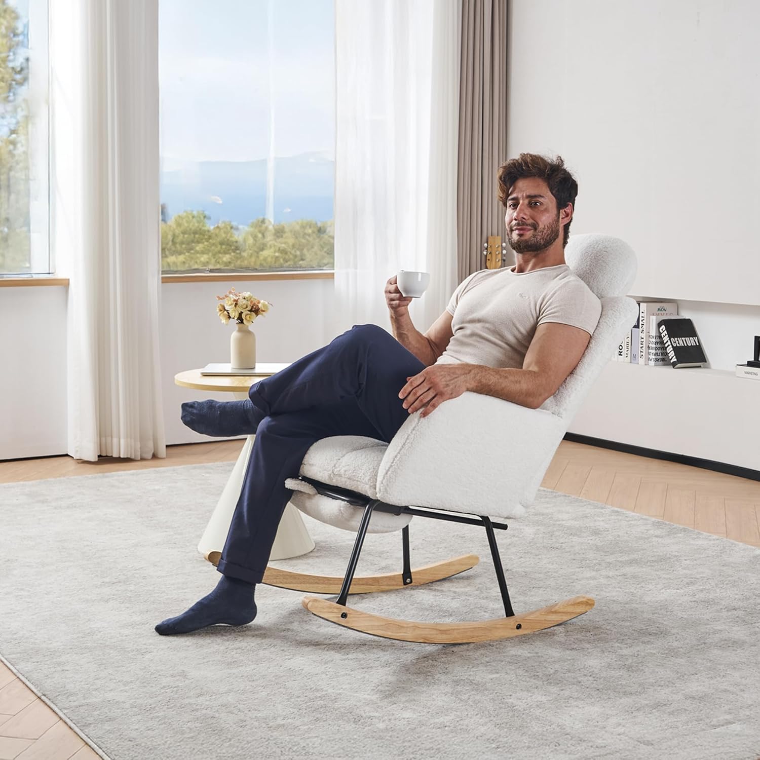 Schaukelstuhl mit Hocker und Kopfstütze, Teddy Stillsessel mit Fußstütze, Großer Sessel zum Stillen, Bequem Lesesessel Holz für Wohnzimmer Schlafzimmer, Weiß
