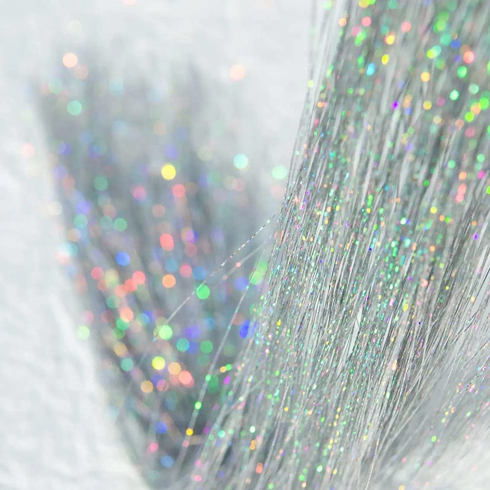 (90cm) Lametta Haar Strähnen Glitzer Haarverlängerung Hair Tinsel - Silber