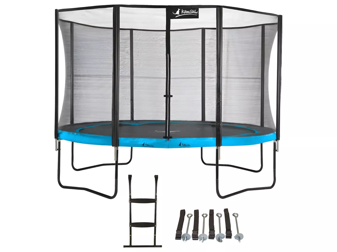 Kangui - Trampoline de jardin rond 430 cm + filet de sécurité + échelle + kit ancrage | PUNCHI Bleu 430