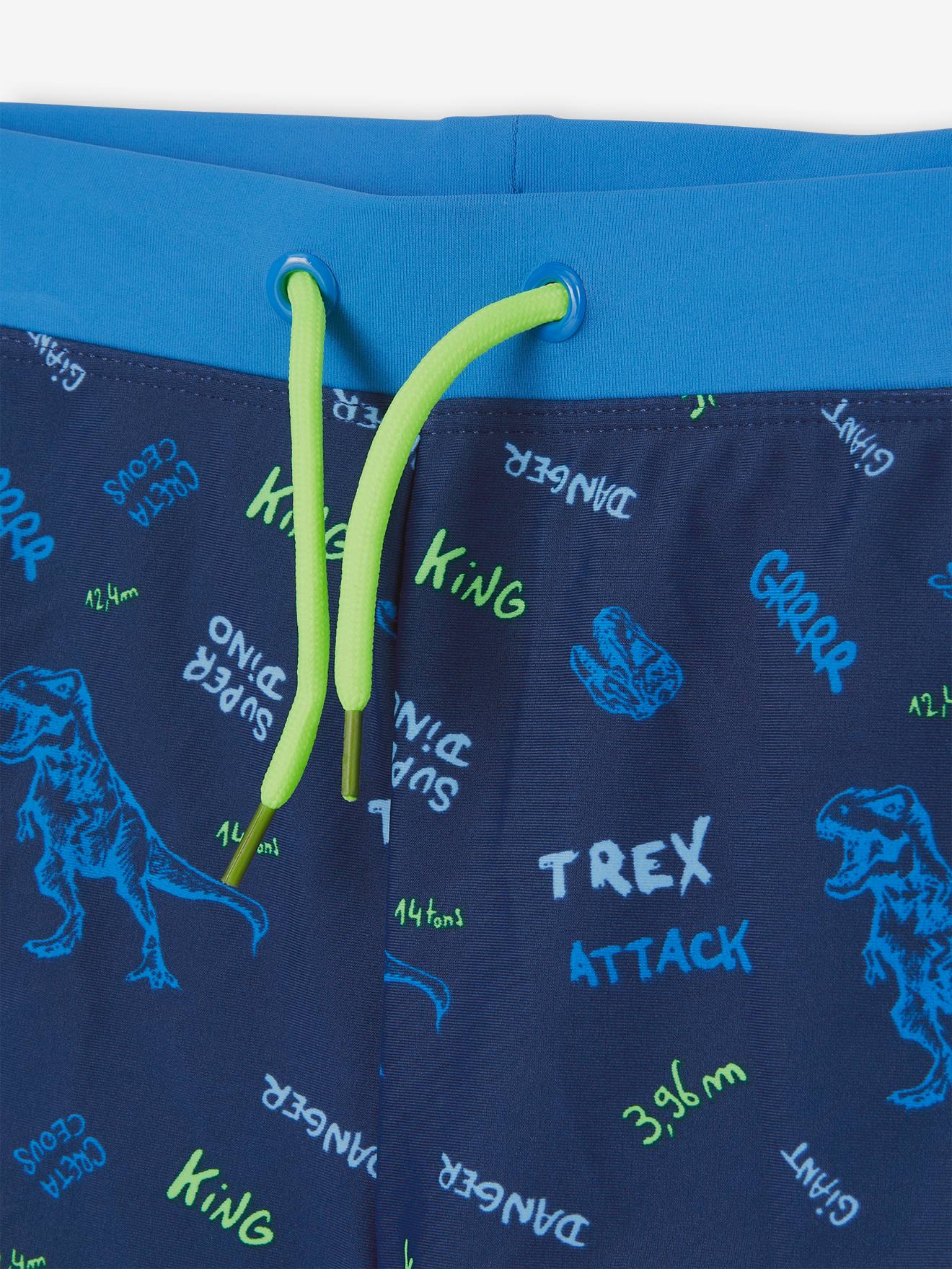 Calção de banho boxer azul marinho com estampa de dinossauro para meninos