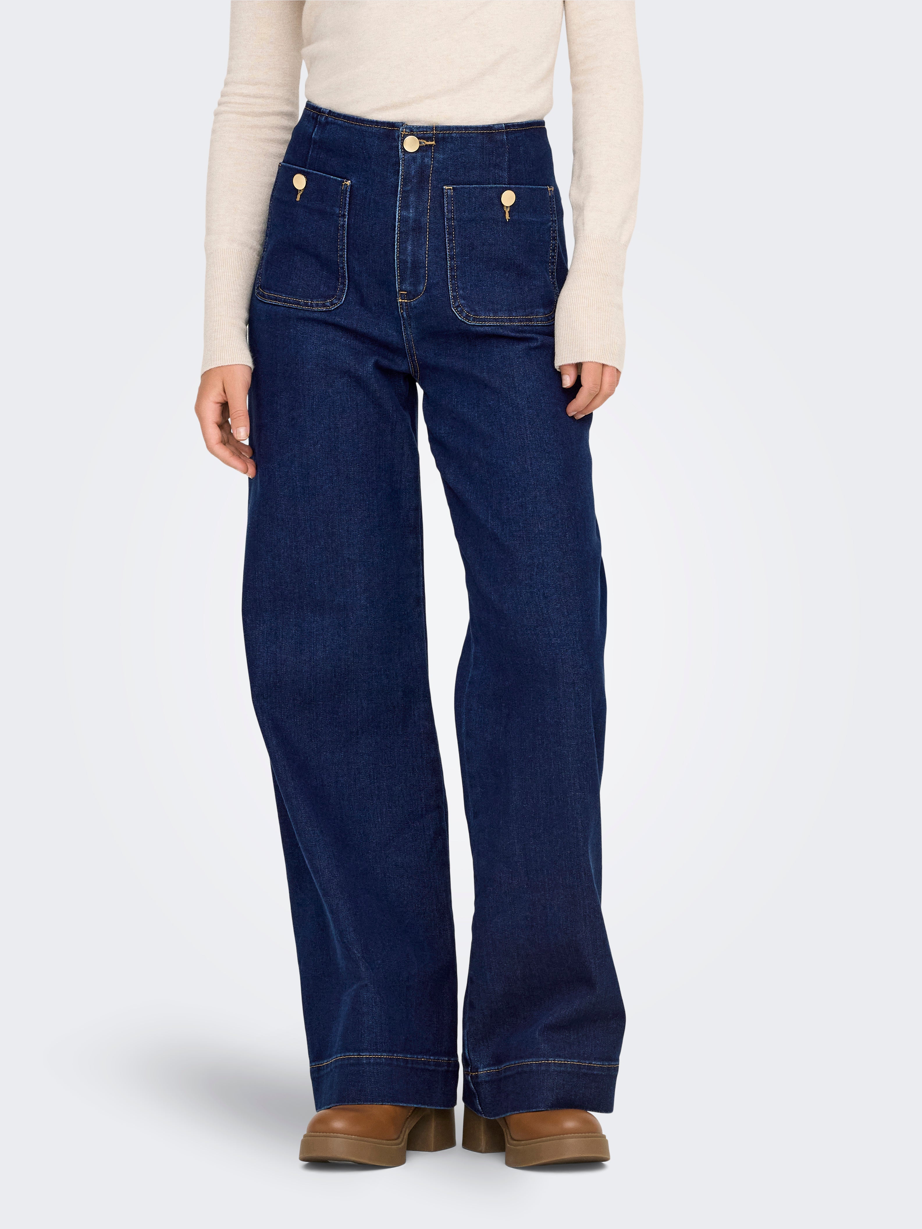 ONLMADELINE Hohe Taille Weiter Beinschnitt Jeans Dark Blue Denim