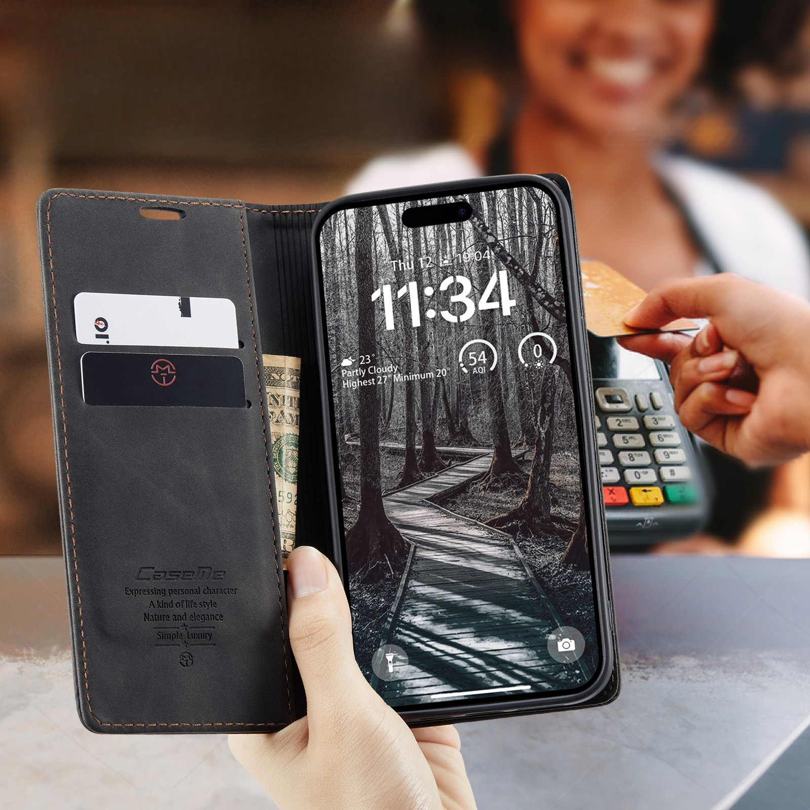 iPhone 17 Pro Leder Tasche Flip Wallet Etui mit Kartenfächern - Schwarz
