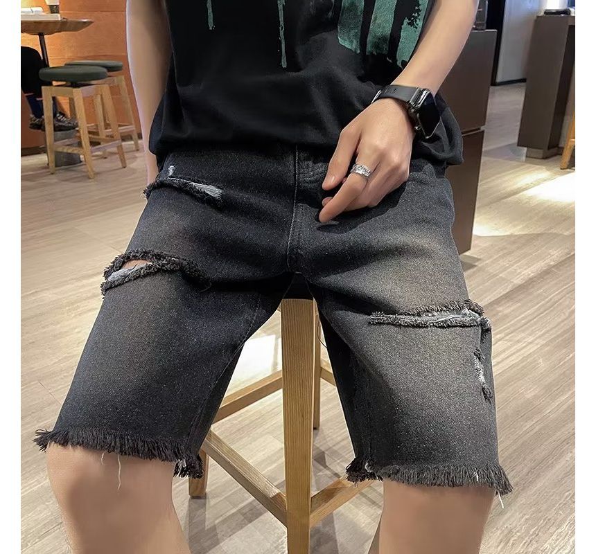 Ateso - Hoge taille denim shorts met rechte pijpen en versleten look