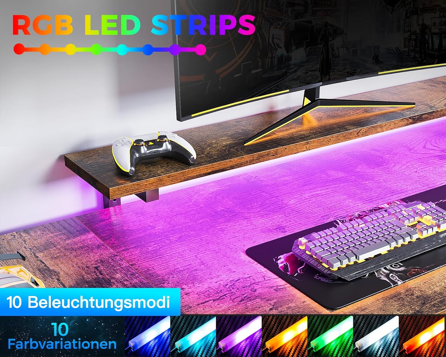 ODK Eckschreibtisch mit 4 Schubladen&Stauraum, 167×102cm Reversible Eckschreibtisch mit 2 Steckdosen und 2 USB Ladeanschluss, Gaming Schreibtisch mit LED&Monitorständer für Home Office, Vintage-Braun