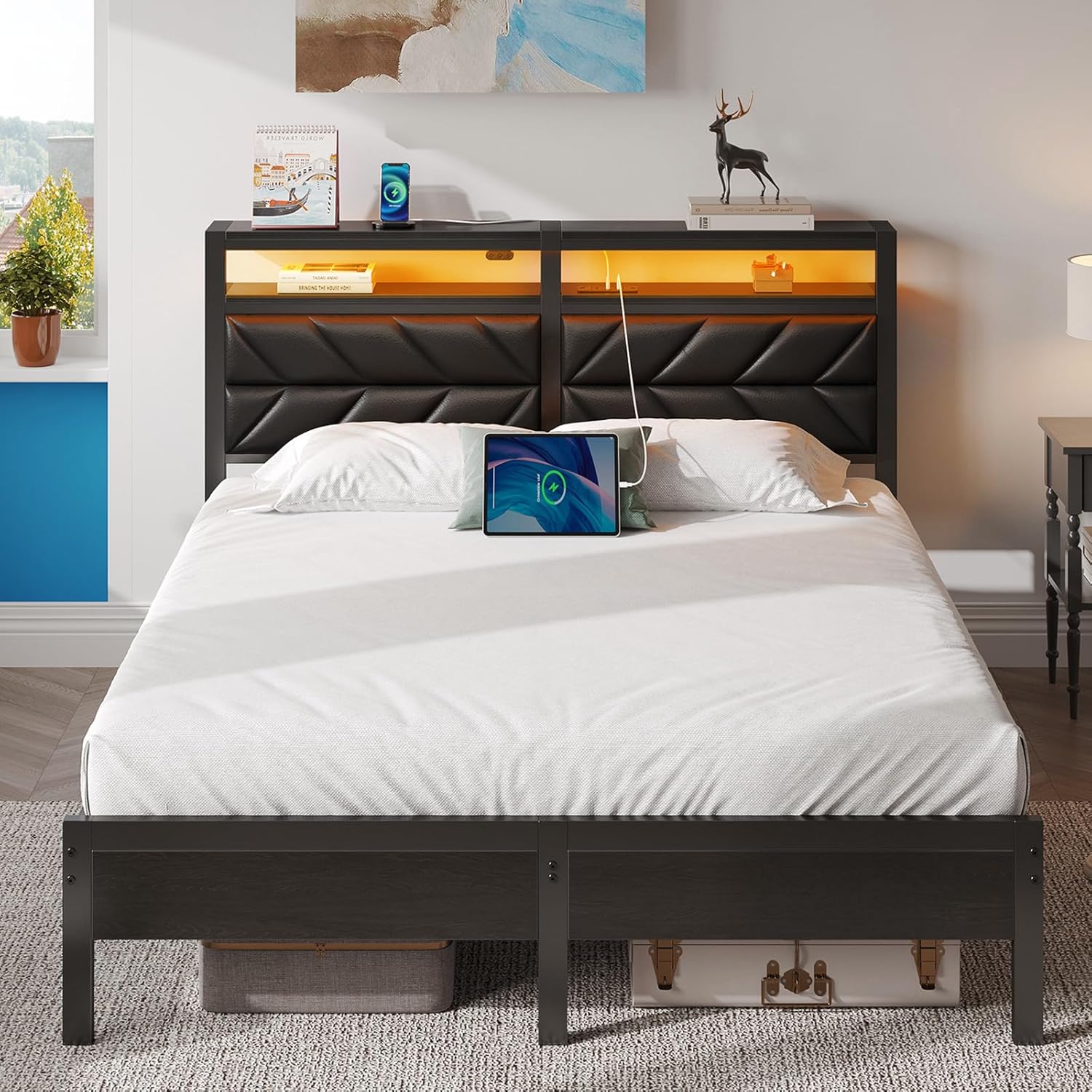 Seventable Bett 140x200 mit LED, Ladestation (2 USB-Anschlüsse & 1 Typ-C-Anschluss), Metallbett mit Gepolstertem Kopfteil & Stauraum, Doppelbett für Schlafzimmer, Schwarz