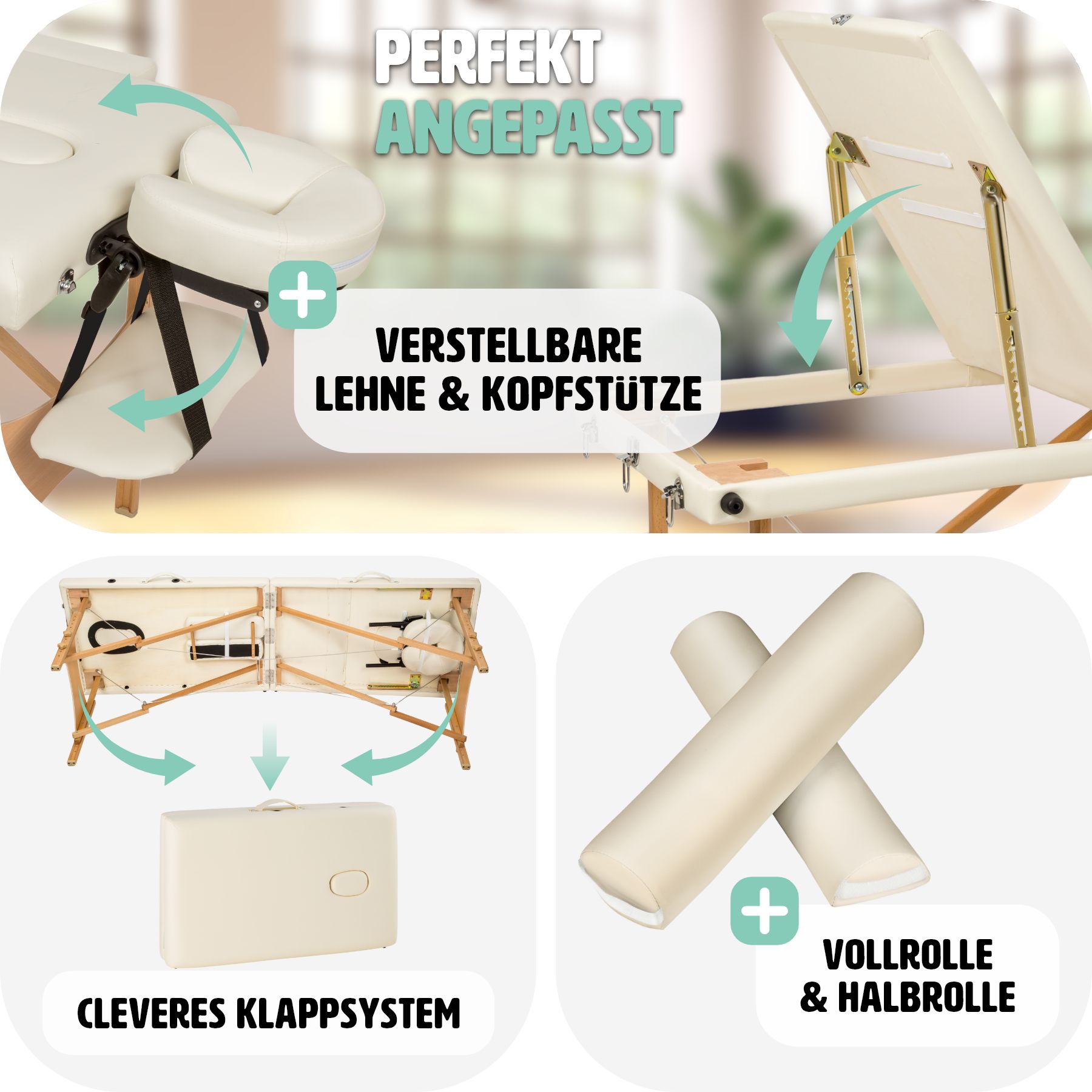 tectake® 3 Zonen Massageliege-Set, inklusive Lagerungsrollen und Tragetasche, klappbar und höhenverstellbar, 210 x 95 x 62 - 84 cm