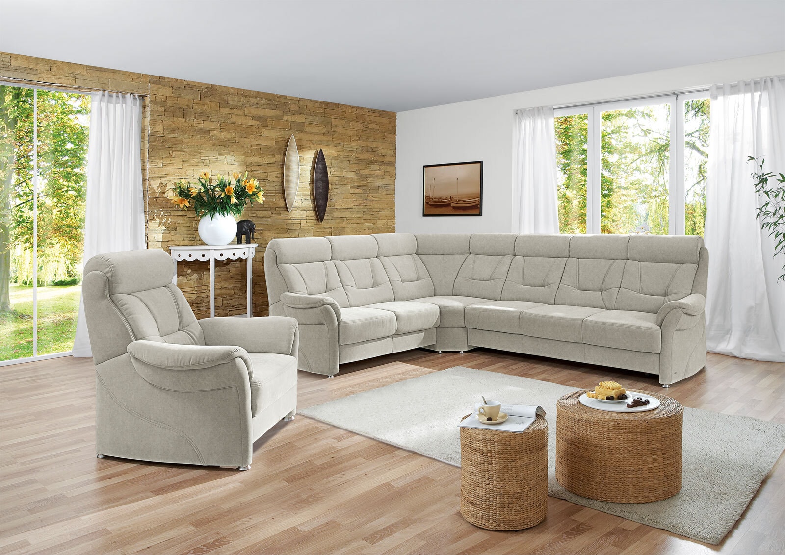 Ecksofa Santander Leder Seidengrau ca. 295 x 241 cm