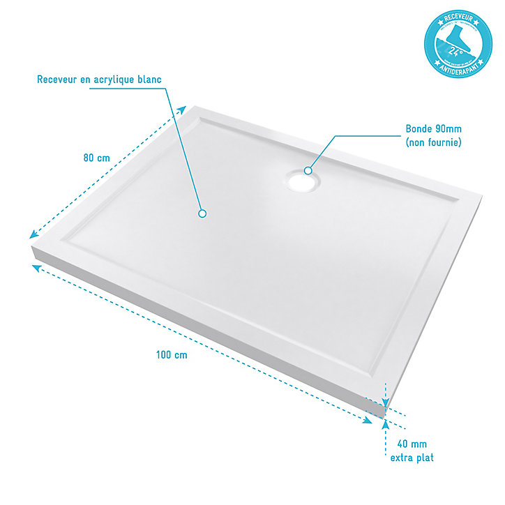 Receveur de douche extra-plat 80 x 100 cm, blanc, Galedo Pure 2