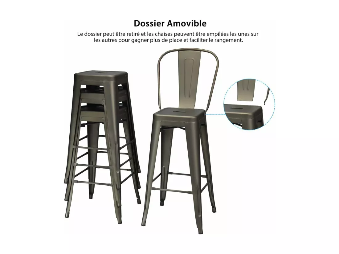 Lot 4 tabourets de bar empilable en métal avec dossier amovible, hauteur d'assise 76,5 cm