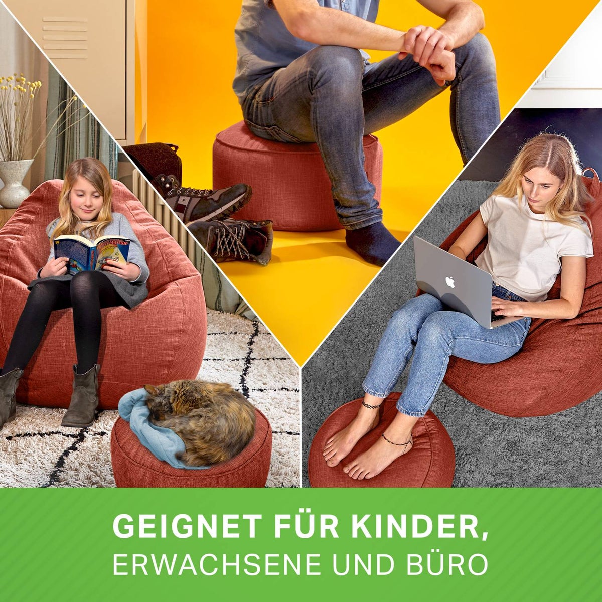 Groene Bonen Zitzak Kruk 45x25cm met EPS-korrelvulling - Voetenbank Voetkussen Zitpoef voor Zitzakken - Vloerkussen voor Kinderen en Volwassenen - Voetsteun Zitkussen Zitkruk Rood