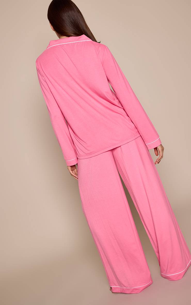 Rose Vif Ensemble Pyjama Haut Manches Longues Et Pantalon En Jersey Doux Avec Passepoil