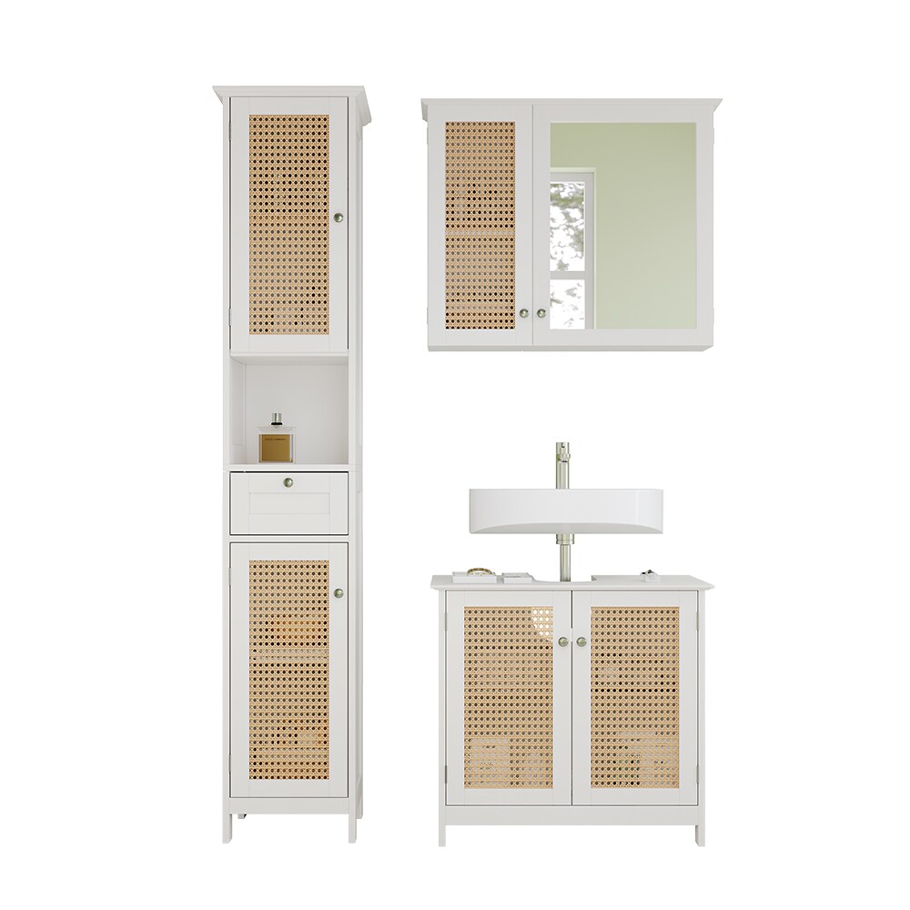 Vicco Badmöbel-Set Rosario, Weiß, moderne Serie, Badezimmer, dekorative Front, Spiegelschrank, Waschtischunterschrank, Hochschrank