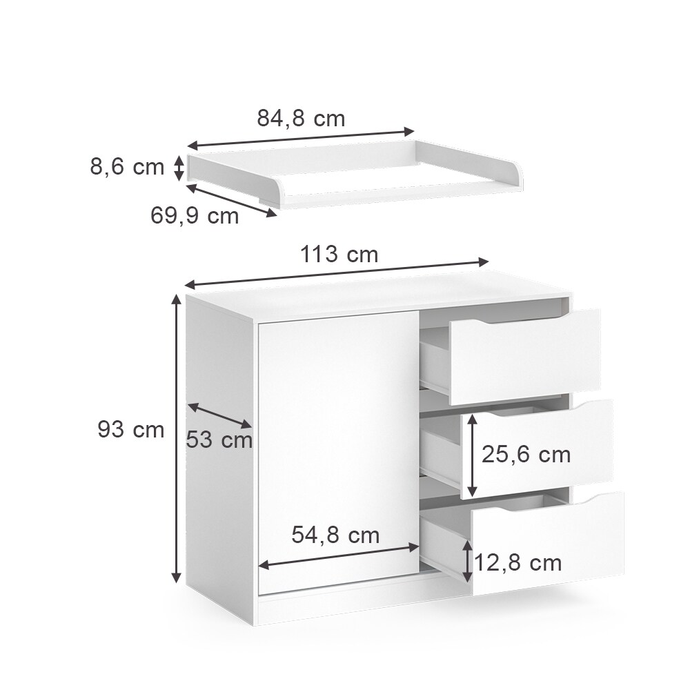 Vicco Wickelkommode Ruben 113 x 53 cm, Weiß, Wickeltisch inkl. Wickelauflage