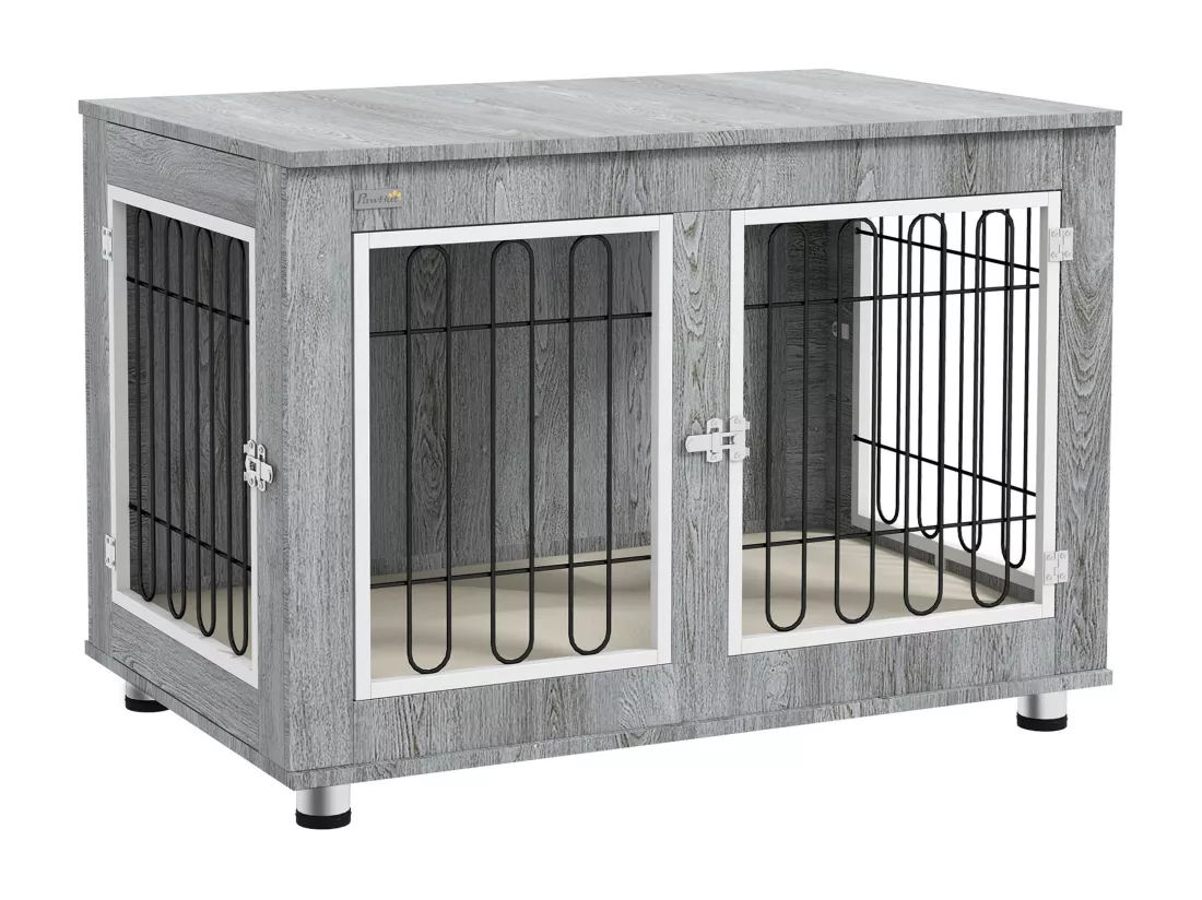Cage pour chien sur pied - 2 portes verrouillables, coussin déhoussable inclus - acier filaire noir panneaux aspect bois gris