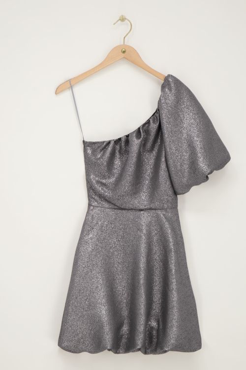 Grijze one-shoulder jurk met lurex & ballonmouwen