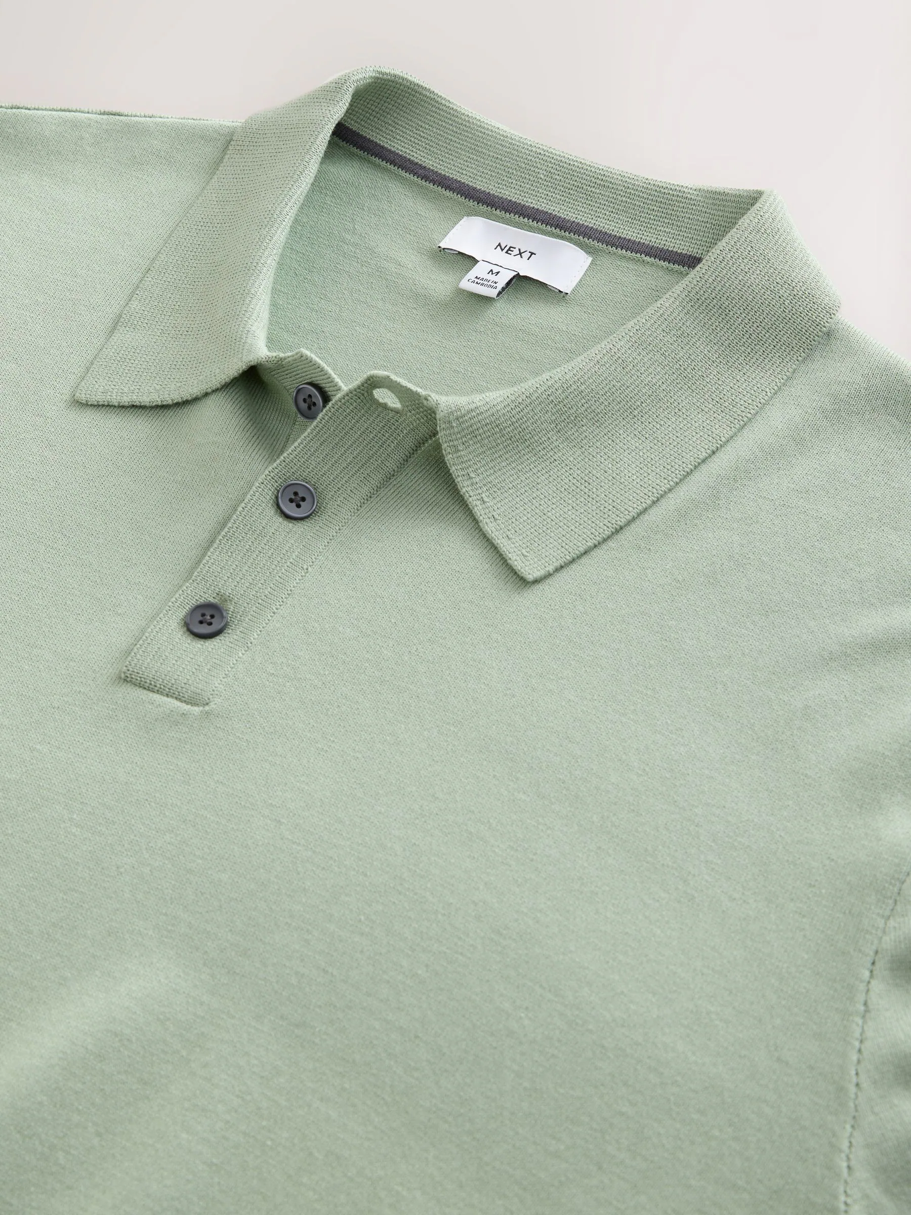 Grijs-groen - Normale Pasvorm - Katoenrijk gebreid poloshirt met lange mouwen