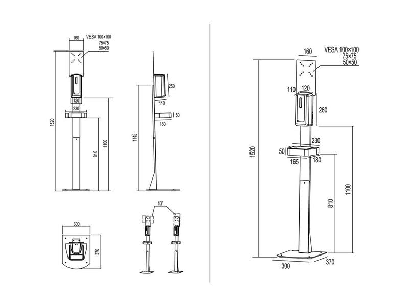 Multibrackets Desinfektionsmittelständer Hygienebox Stand w MB Hygienebox Standmontage, weiss / 9646 Infrarot Auto-Sensor 0-12 cm, 1 Liter Tank, ABS