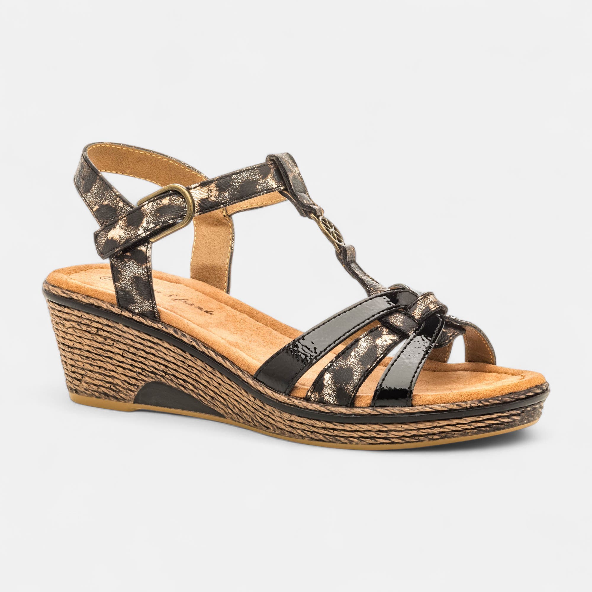 Nu-pieds à talon compensé Femme noir vernis