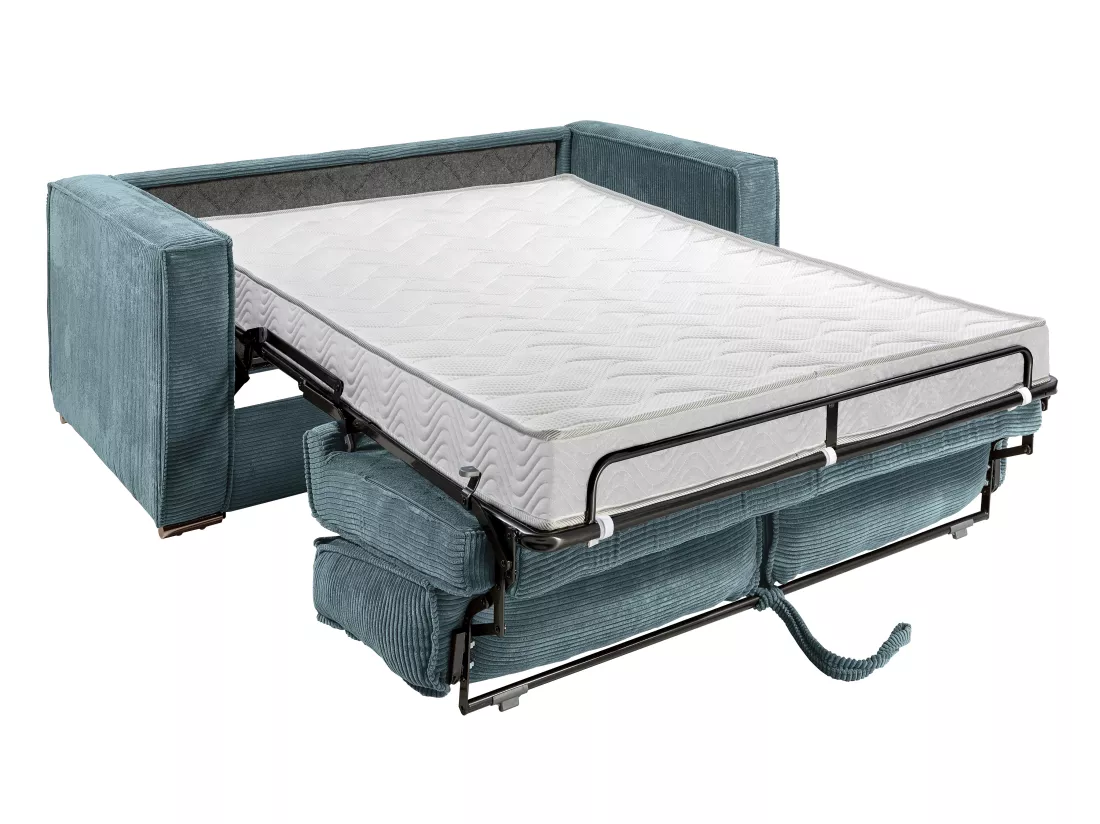 Canapé 3 places convertible express en velours côtelé bleu turquoise - Couchage 140 cm - Matelas 14 cm LORETO