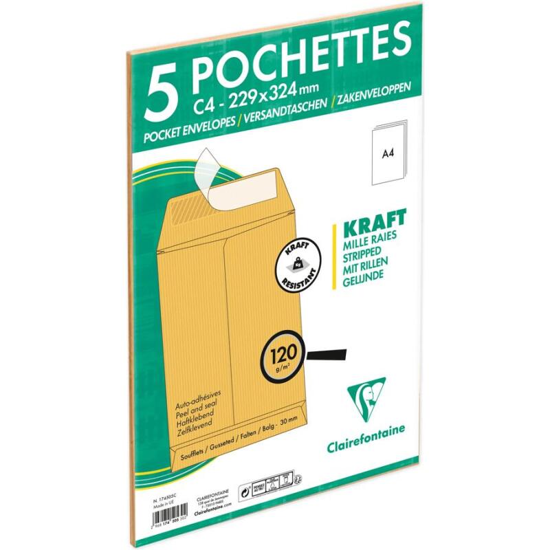 Paquet de 5 Pochettes Kraft Brun C4-229x324 mm avec Soufflet de 30 mm - Auto-Adhésives - 120g/m2 - Brun