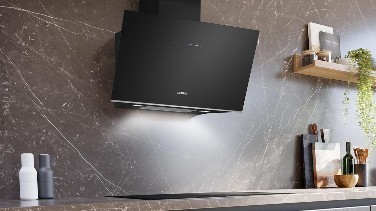 Siemens LC91KLT60 iQ700, Wandesse, 90 cm, Schwarz mit Glasschirm, Luftgütesensor mit cookConnect-System - Wandesse und Kochfeld, LED-Beleuchtung, Europas leistungsstärkste Schrägesse im Umluftbetrieb