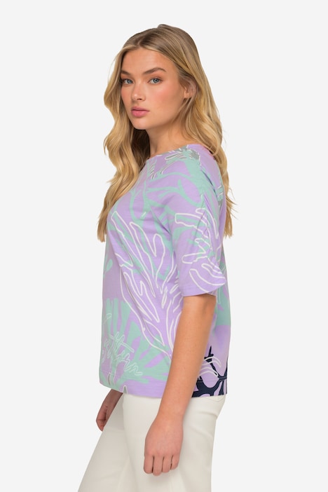 T-Shirt, Korallen-Print, Rundhals, Halbarm mit Raffung