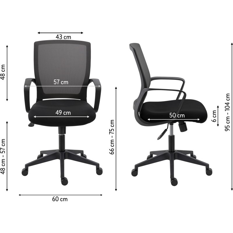 Chaise de bureau Reece tissu et maille Noir - dossier bas - accoudoirs - mécanisme Basculant centré - pieds noir