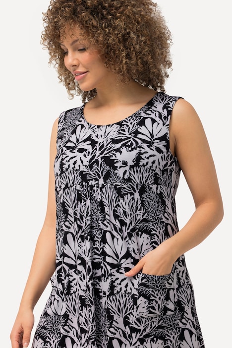 Jerseykleid, Blätter, Rundhals, ärmellos, Taschen
