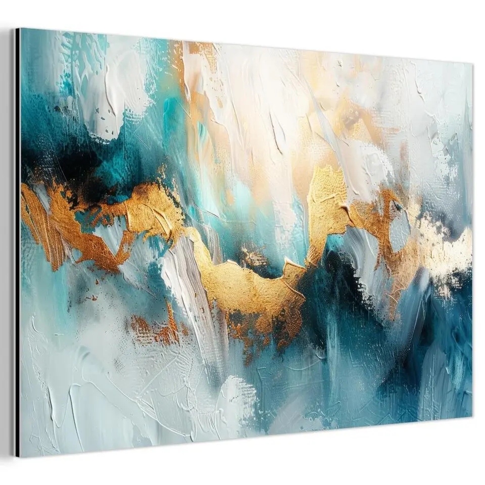 MuchoWow Aluminium Schilderij 90x60cm Abstract Kunst Gold Blauw