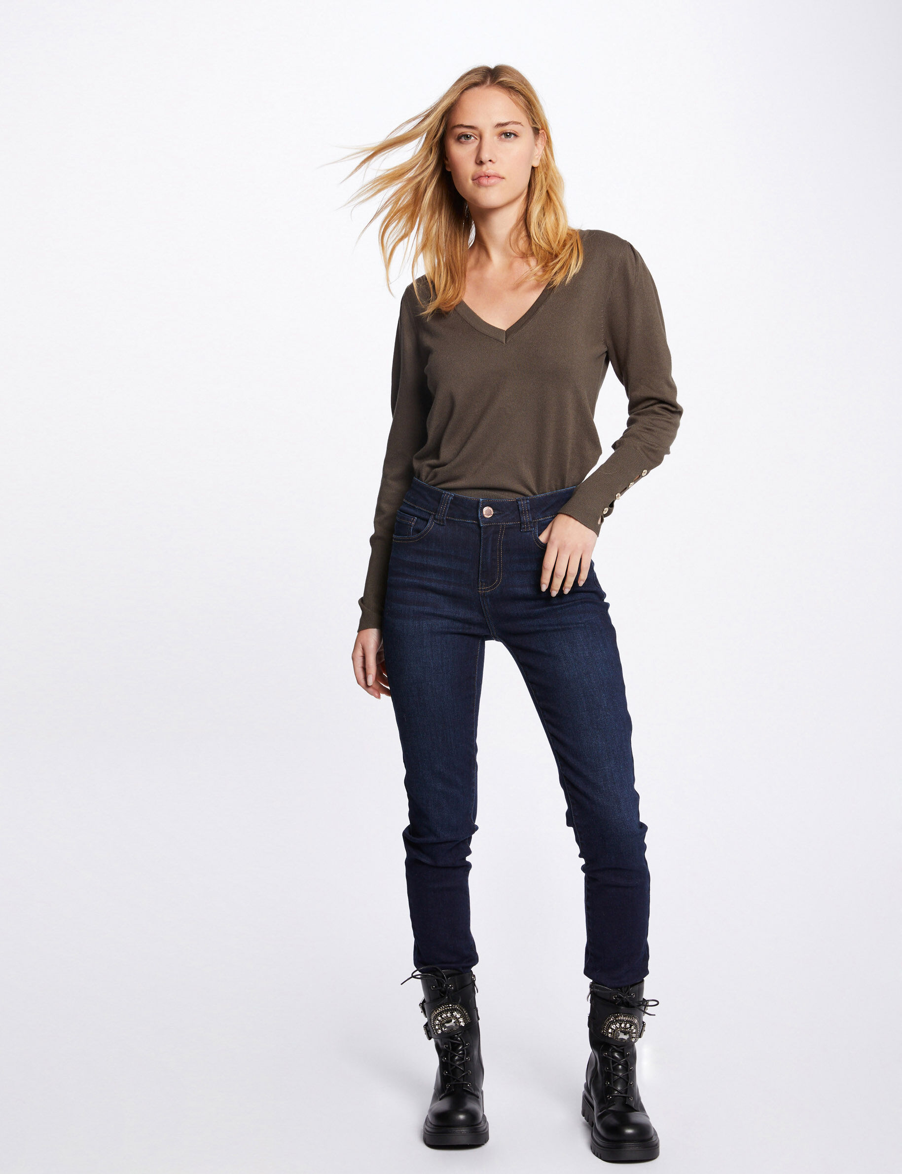 Pull manches longues avec col en V vert kaki femme - vert_kaki