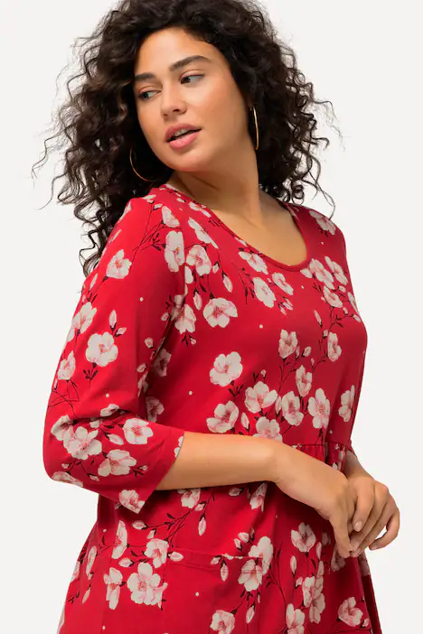 Longshirt, Blumen, A-Linie, Rundhals, 3/4-Arm, rot