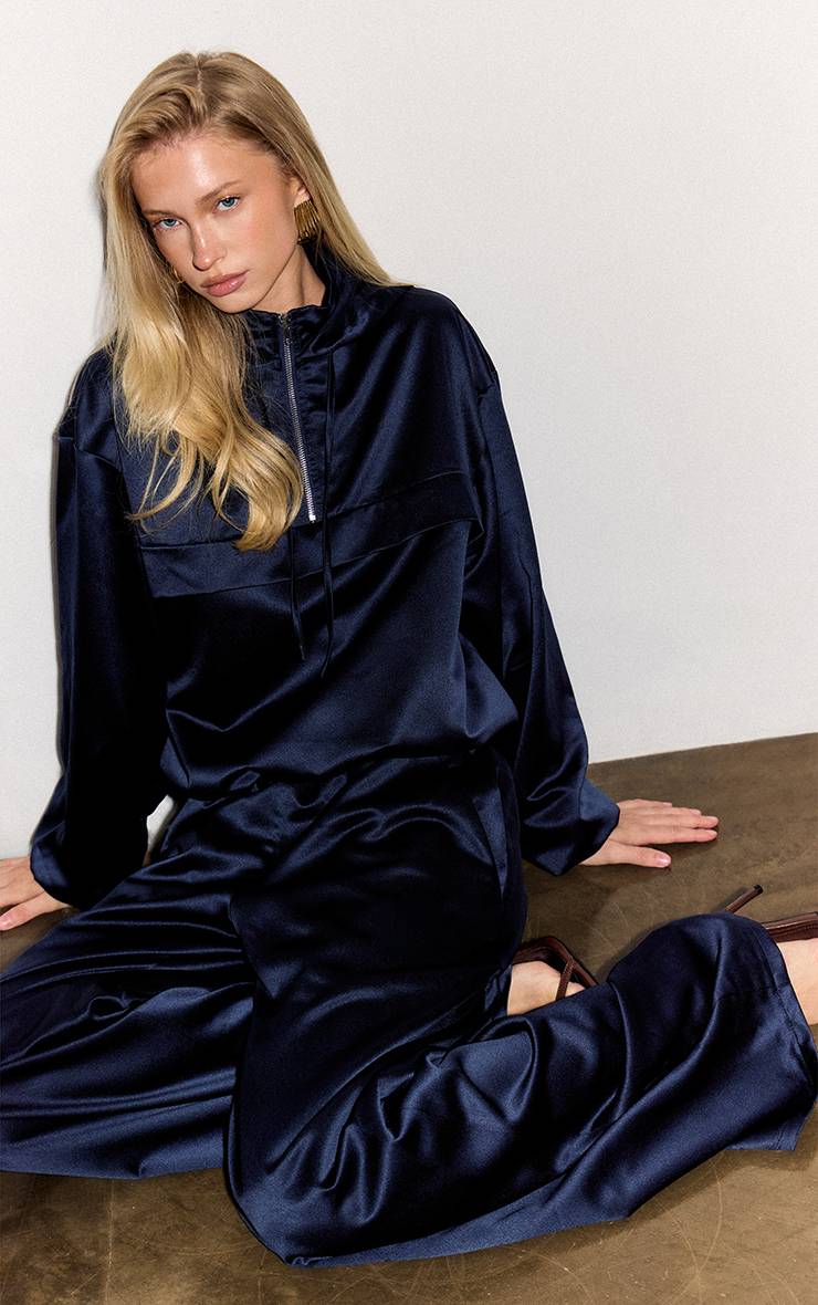Bleu Marine Pantalon Large En Satin
