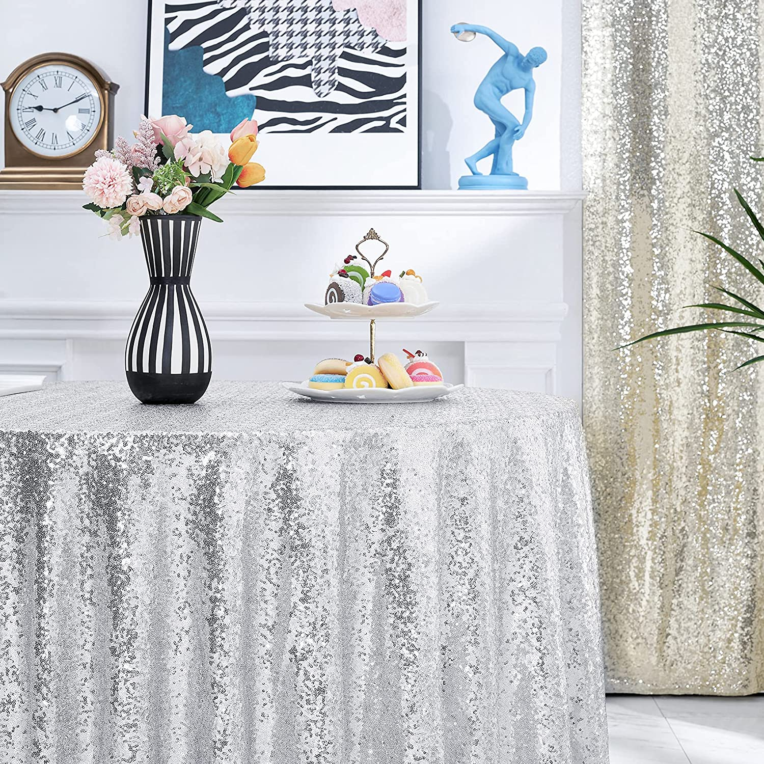 (Ø100cm) Glitzer Tischdecke Party Dekoration Pailletten Tisch Tuch - Silber