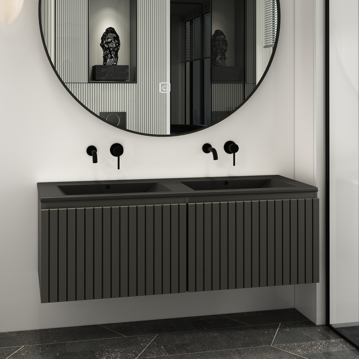 Fontana Lento zwart badmeubel ribbelfront 120cm met zwarte wastafel zonder kraangaten en ronde spiegel