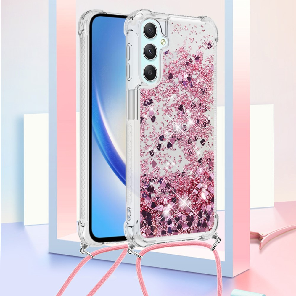 Samsung Galaxy A25 / A24 Necklace Gummi Hülle Liquid Glitzer   Handykette (130cm) - Pink / Roségold
