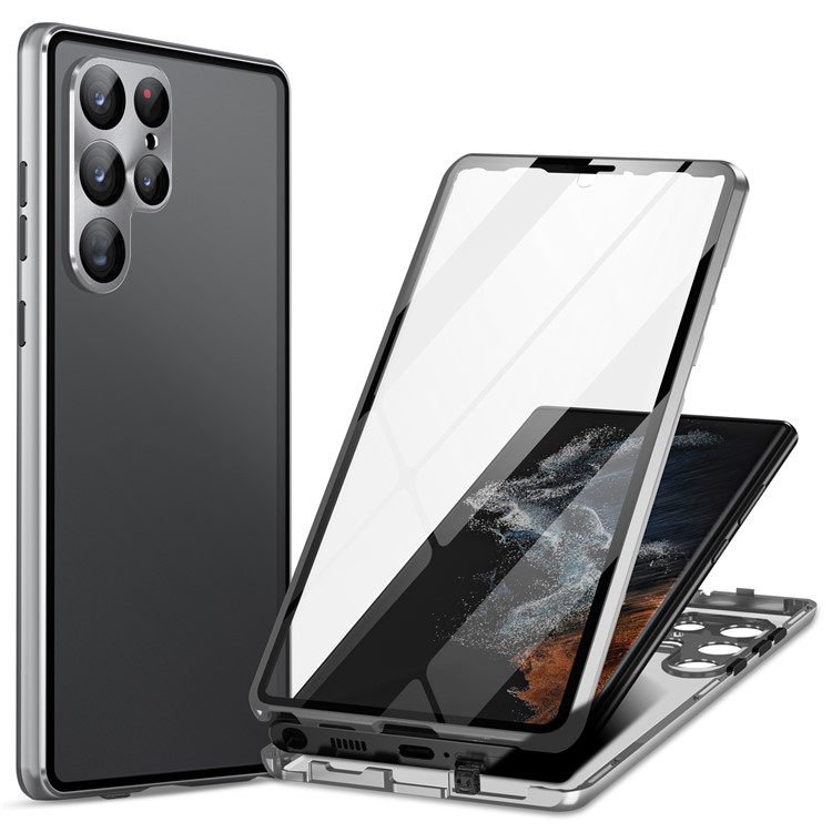 Samsung Galaxy S24 Ultra Magnetische Alu Schutzhülle mit Panzer Glas Backcover   Display- / Kameraglasschutz (Verschlussmechanismus) - Silber