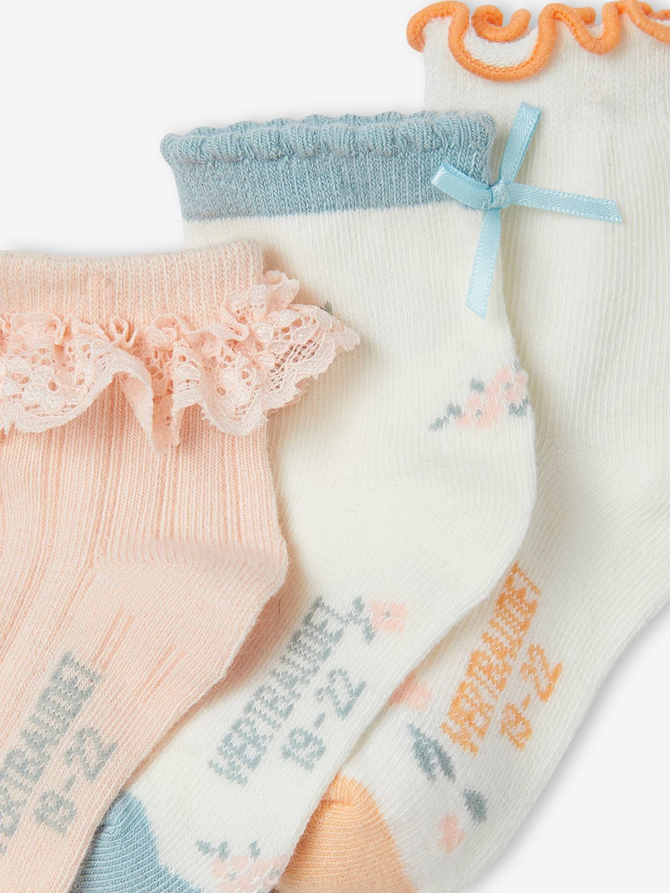 Pacote com 3 pares de meias decorativas para bebê menina, rosa claro.