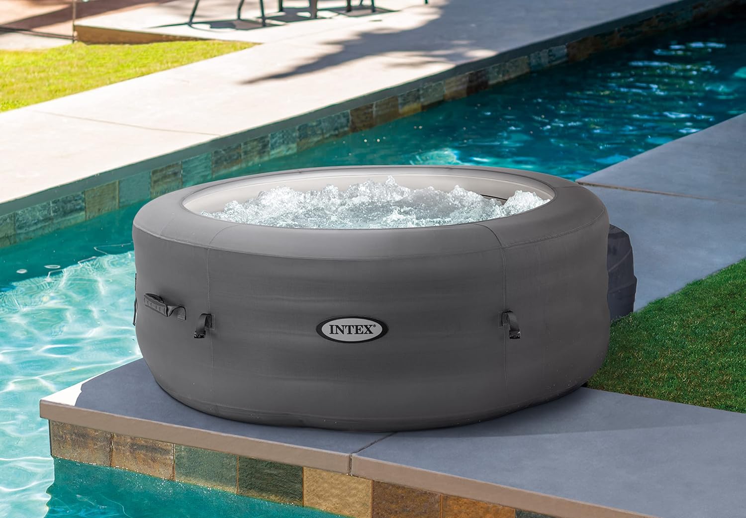 Intex 28482 - Whirlpool aufblasbar Simple Spa, 4 Personen, 100 Düsen, Heizung, Grau, ⌀ 196x66 cm