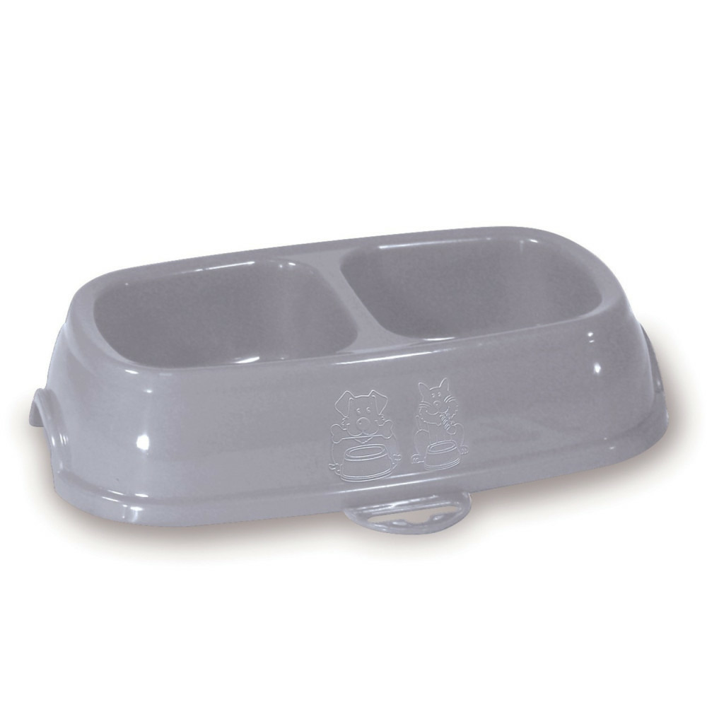 Ecuelle double bol 2 x 200 ml, gris en plastique, pour chat